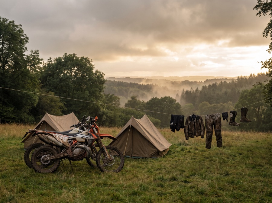 Riders camped in a field for a race weekend