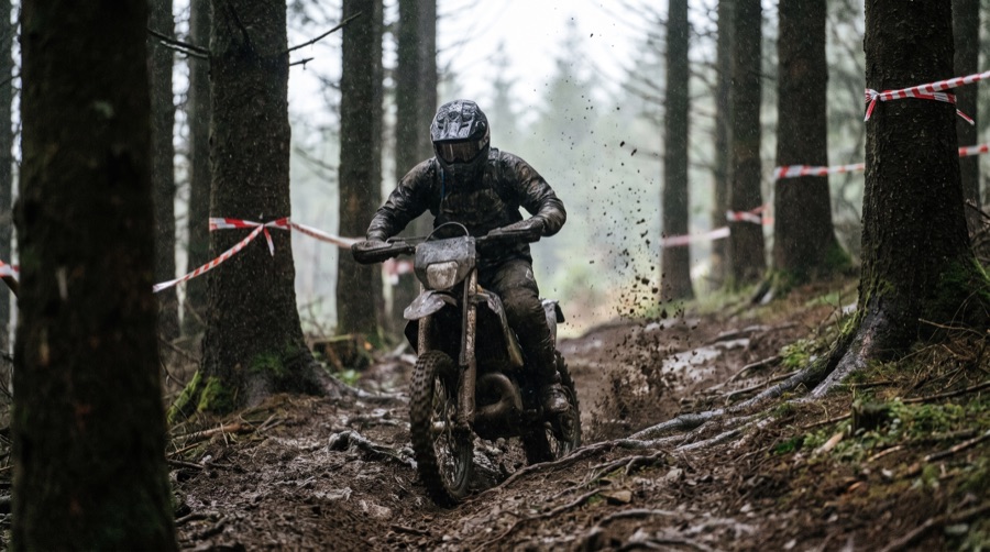 Hard enduro rider climbing through forest
