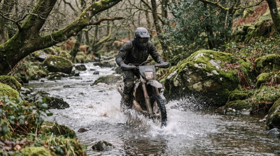 Enduro rider crossing a river